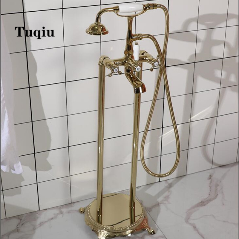 

2021 New Gold Floor Mounted Faucet Dual Handle Bathroom Bath Shower Set Freestanding Bathtub Mixer Tap with Handshower Rfhc