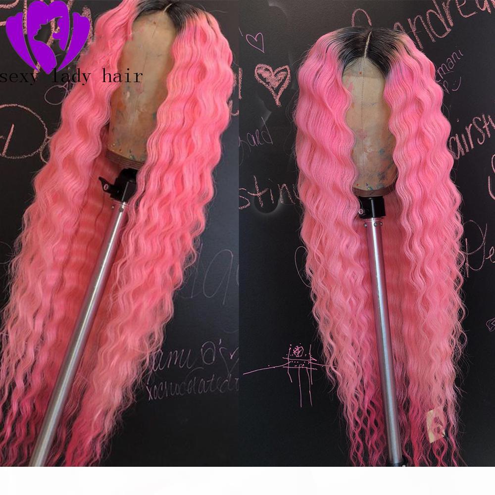 

Fast shipping water wave Ombre pink lace frontal Wig Two Tone Color Brazilian Full Lace Front Wigs With Baby Hair, Black;brown