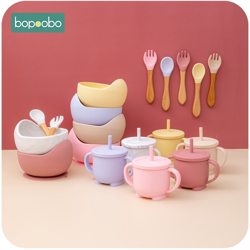 Silicone Baby Feeding Bowl 4pc/1set Tableware Waterproof Learning Suction Set Wood Fork Spoon Non-Slip For Child Learn 211026-image-735200578