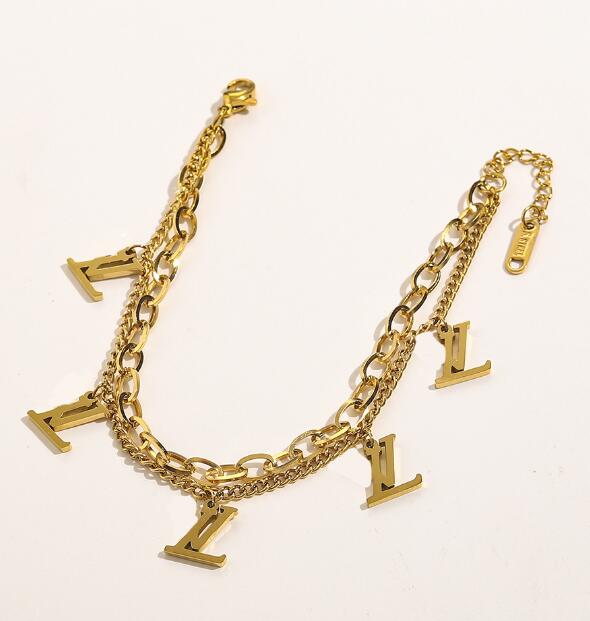 

22SS 14style Fashion Brand Luxury Jewelry Unisex Couples Design 18K Gold Plated Stainless Steel Link Chain Bangle Bracelet Men Women Metal E, Golden;silver
