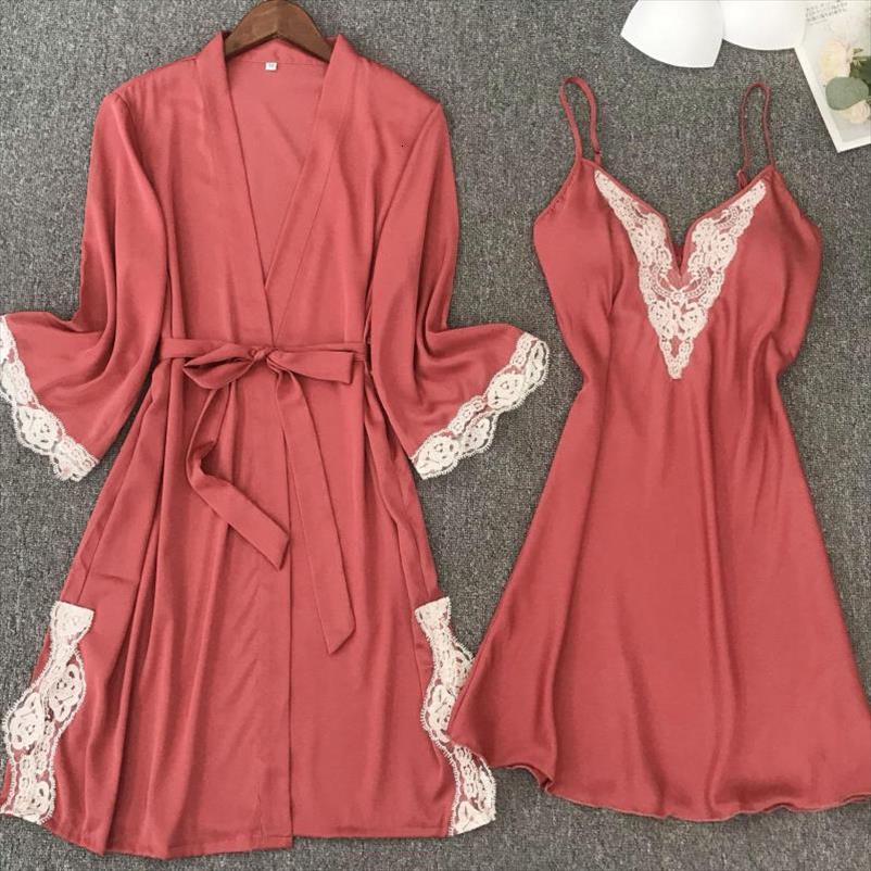 

bride bridesmaid wedding robe women sleepwear set satin v neck nightgown amp bathrobe suit lace trim kimono bath gown lounge, Black;red