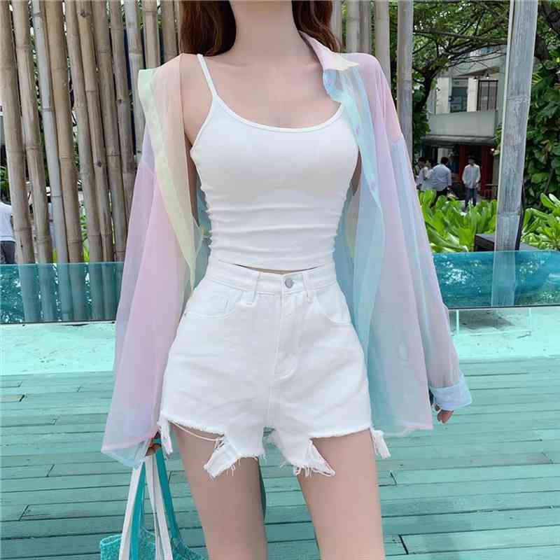 

fashion rainbow women blouses beach plus size shirts summer single breasted long sleeve girls loose thin top, White