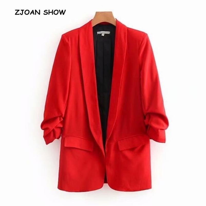 

Chic Candy Solid Color Ruched Cuff Mid Long Blazer With Lining Woman Shawl Collar Slim fit Suit Casual Jacket Coat Outerwear 220119, Red