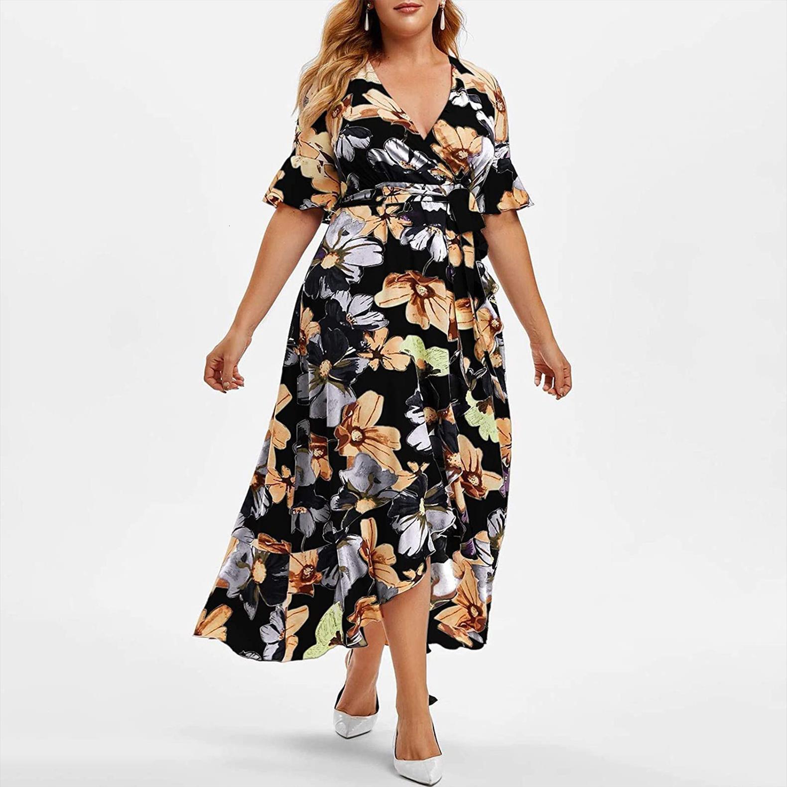 

summer plus size fashion women dress v neck bandage floral printing short sleeve free, Black;gray