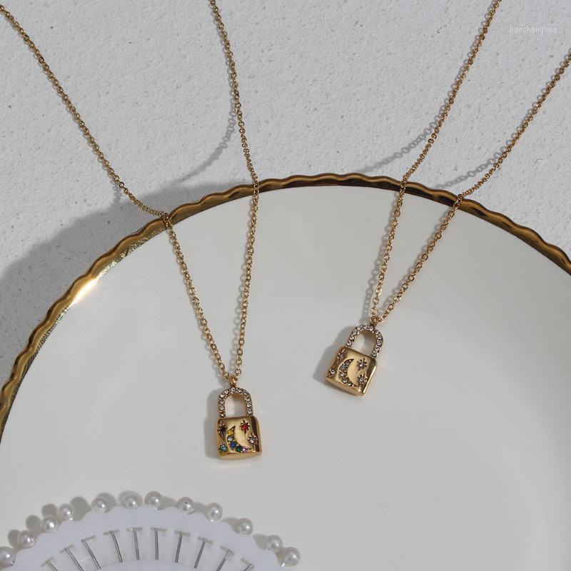 

Chains Â Trendy Stainless Steel Gold Plated Waterproof Tarnish Free O Chain Lock Pendent Zircon Colorful Clear Necklace For Women, Silver