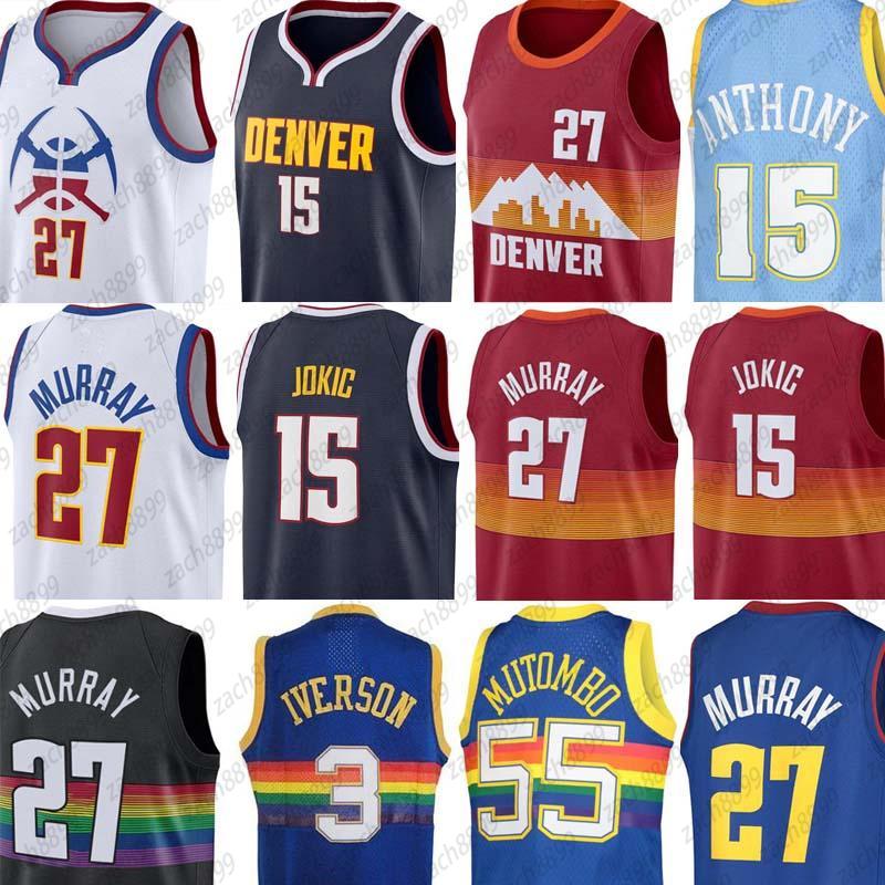 

2021 Mens Basketball Jersey 27 Murray 15 Jokic 15 Anthony 3 Iverson jerseys, Black;red