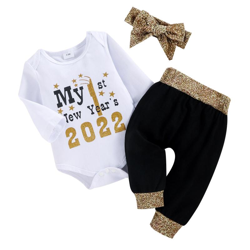 

Clothing Sets My 1st Year's 2022 Baby Girls Funny Letter Bodysuit +Pants +Headband Infant Year Costume 3pcs Girl Clothes, White