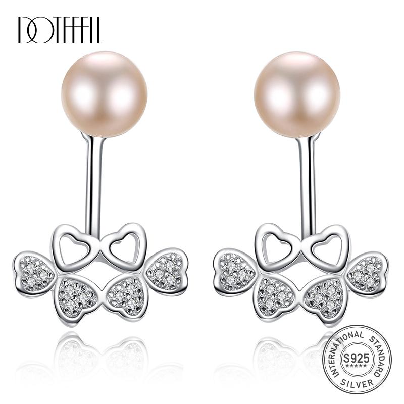 

Stud DOTEFFIL 8mm White/Pink/Purple Pearl 925 Sterling Silver Zircon Four-leaf Clover Earrings For Women Wedding Engagement Jewelry, Golden;silver