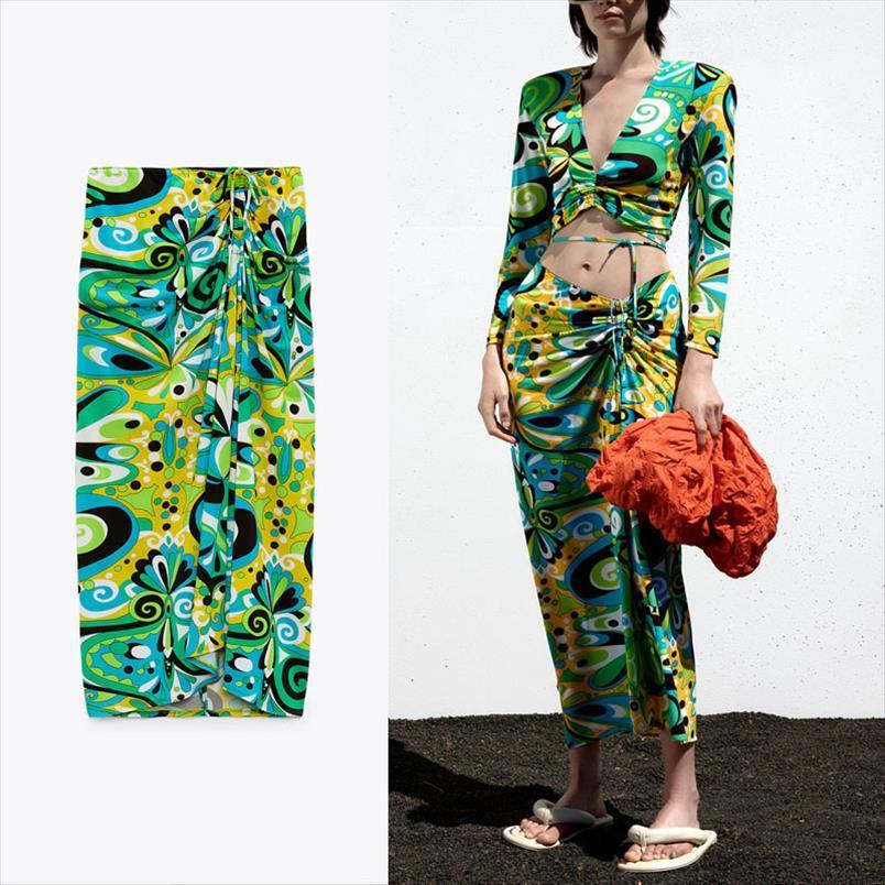 

za draped floral print womens skirt high waist elastic drawstring ruching woman summer front slit green skirts, Black
