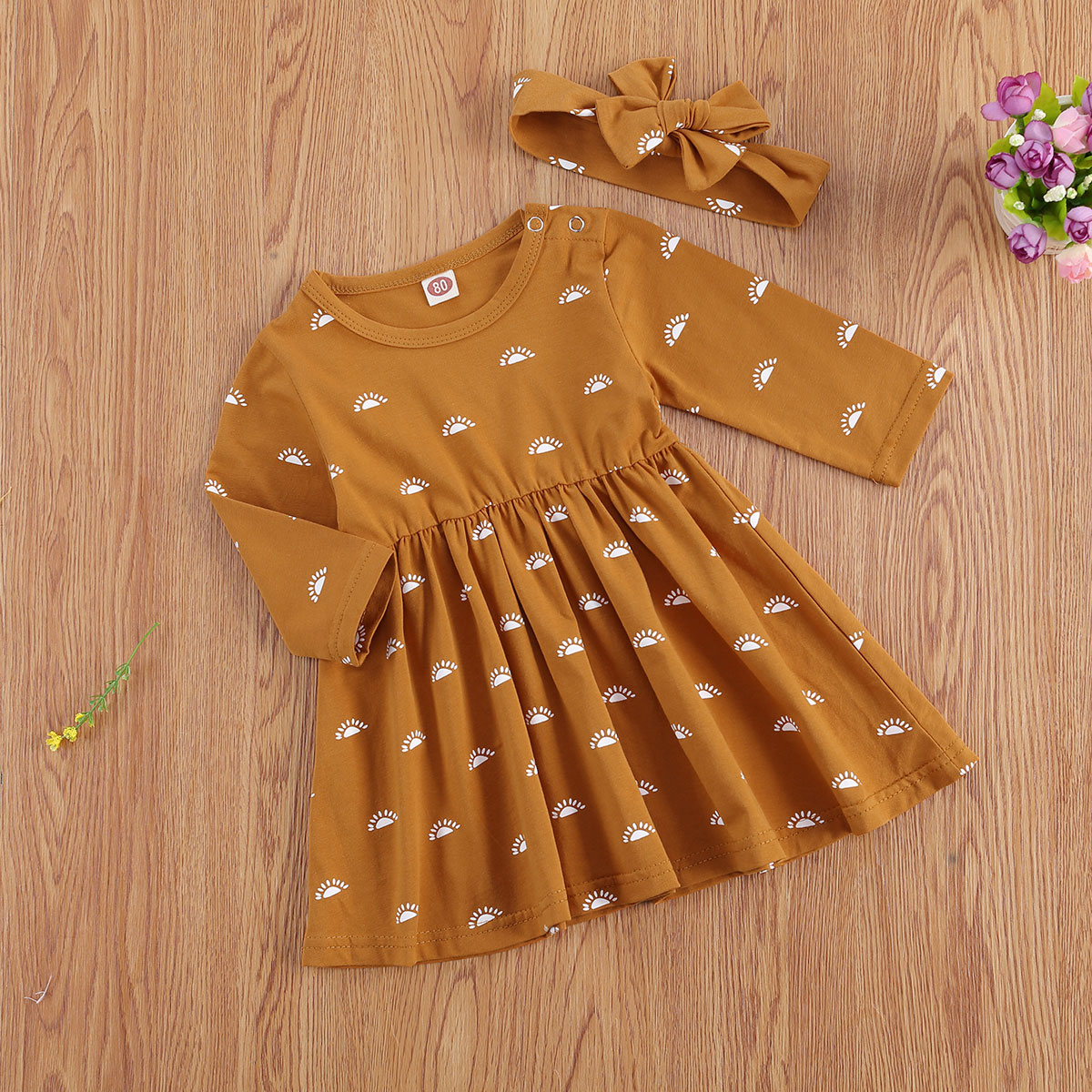 

Girls Sun Printing Dress Set Long Sleeve Ruffled Hem Casual Dress with Printed Headband Lovely 2Pcs Suit, Default color