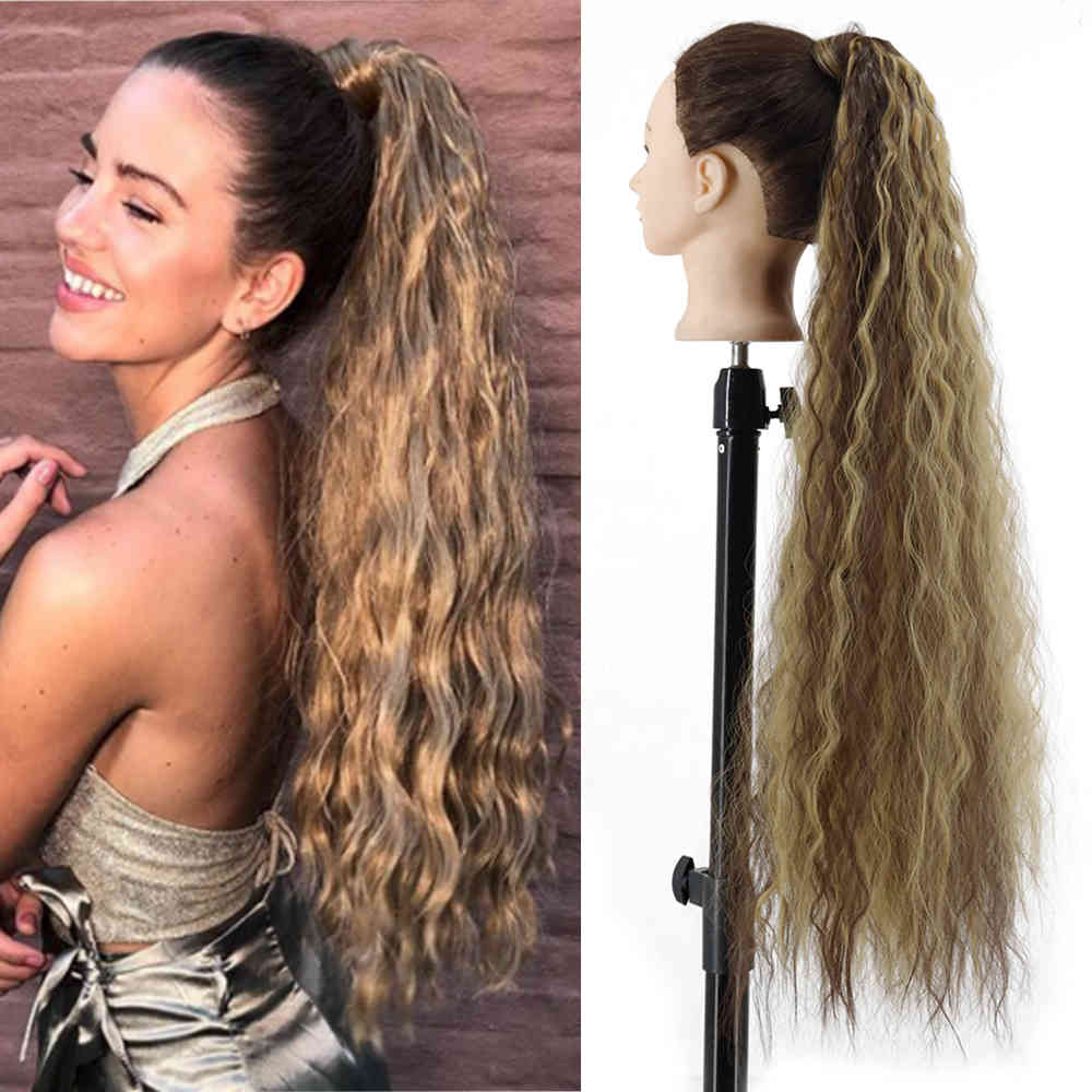 

Synthetic Corn Wavy Long 34inch Ponytail piece Wrap on Clip Extensions Ombre Brown Pony Tail Blonde Fack Hair