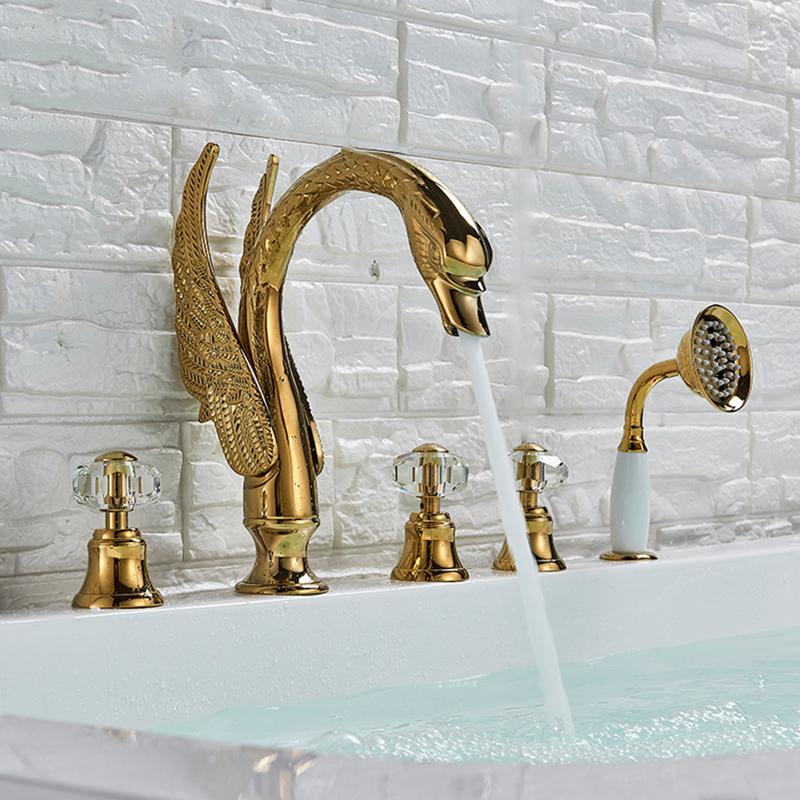 

FMHJFISD Crystal Knob Swan Golden Bathtub Faucet Deck Mounted 5 Holes Widespread Tub Mixer Tap with Handshower torneira chuveiro