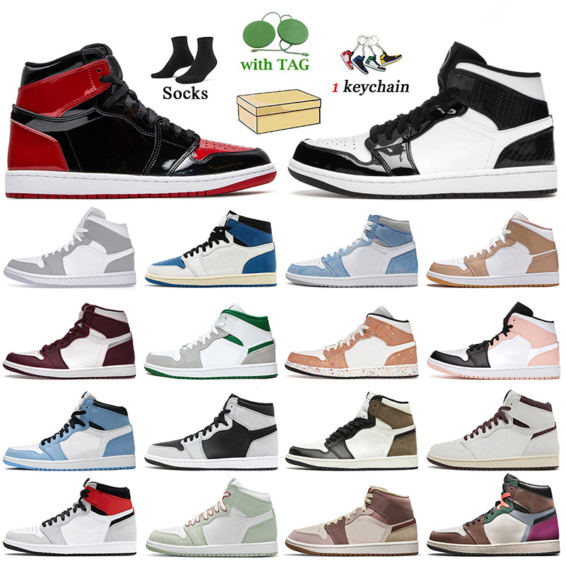 

Top Quality 1s Basketball Shoes Patent Bred Carbon Fiber All-Star Jumpman 1 Bordeaux Brushstroke Tan Gum University Blue Women Men White Black Sneakers Trainers, A44 university blue 36-47