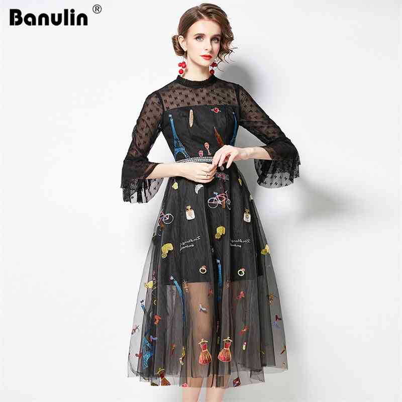 

Banulin Fashion Runway Maxi Dress Women's Elegant Flare Sleeve Tulle Gauze Mesh Embroidery Beading Black White Long Party 210603