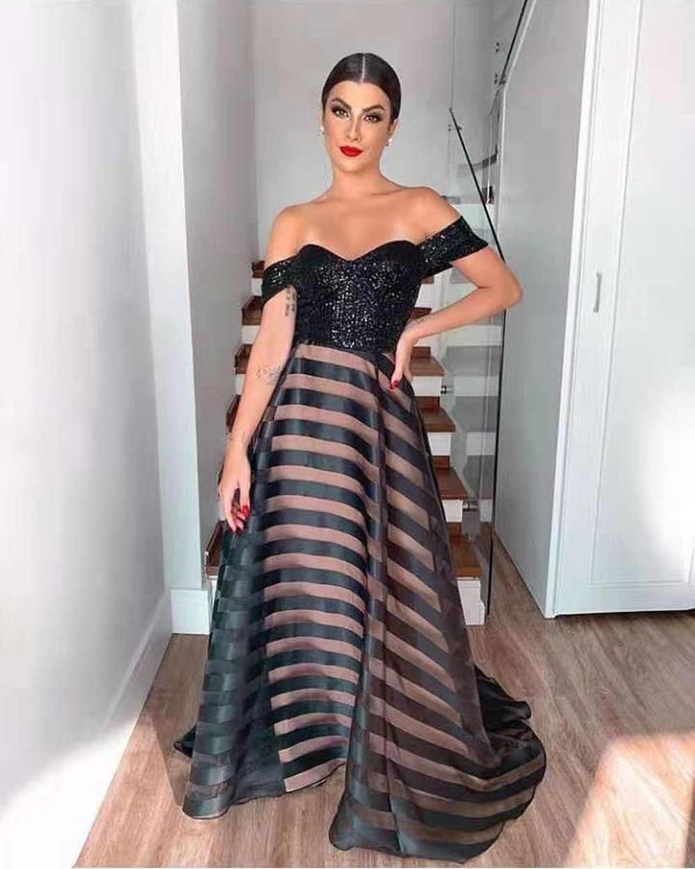 2021 Rose Gold Prom Dress Mermaid Formal Party Ball Gown Long Sleeve Afraic Girl Stripe Evening Dresses Off Shoulder Pageant Drseses Custom Made Plu