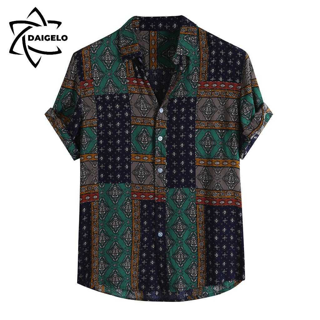 

DAIGELO Men's Lapel Retro Button Casual Hawaiian Short Sleeve Shirt Top Mens Clothing Summer Male 210721, Red