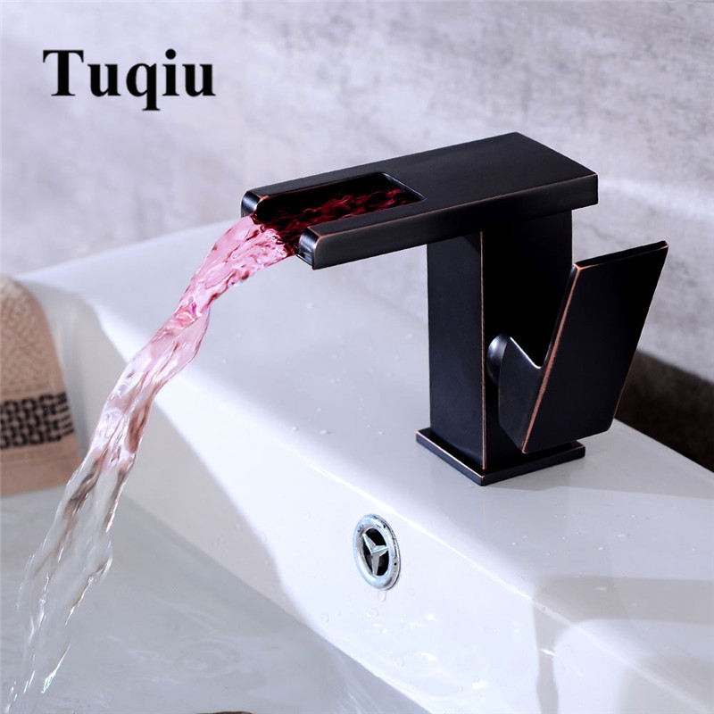 

2021 New Basin Led Hot Cold Waterfall Faucet Black Oil Brushed Wash Sink Mixer Bathroom Deck Mounted Lavatory Tap Rm09