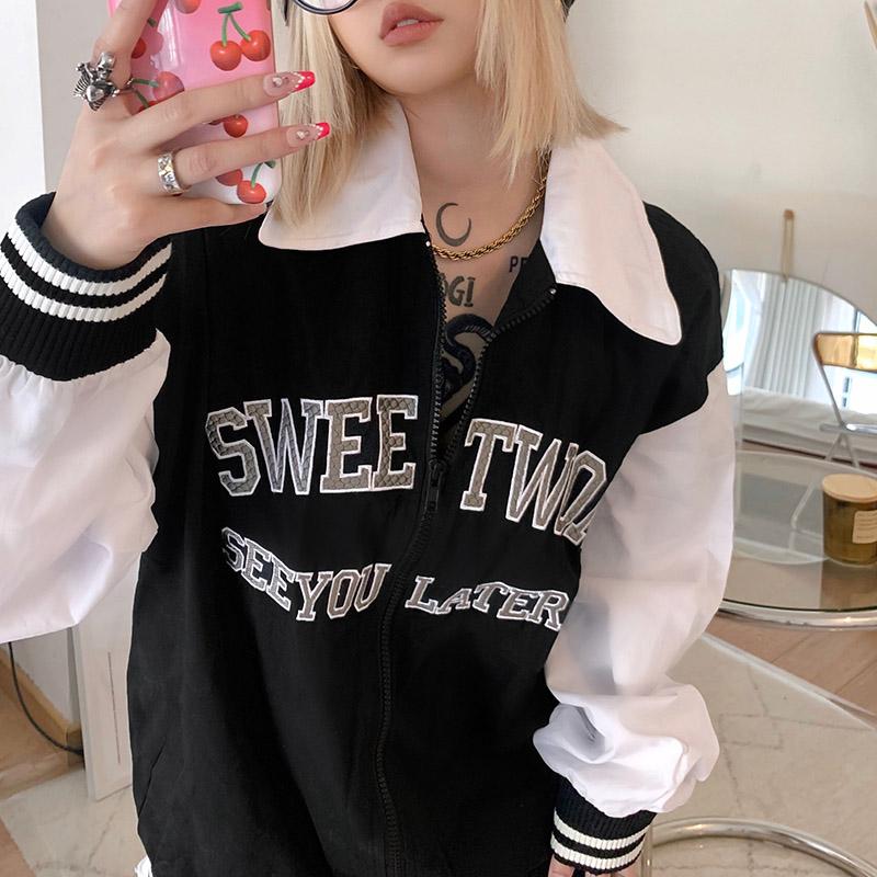

Women's Jackets Fashion Girl Jacket Lapel Letter Print Long Sleeve Zipper Cardigan Black White Stitching Large Size Loose Streetwear, Black;brown