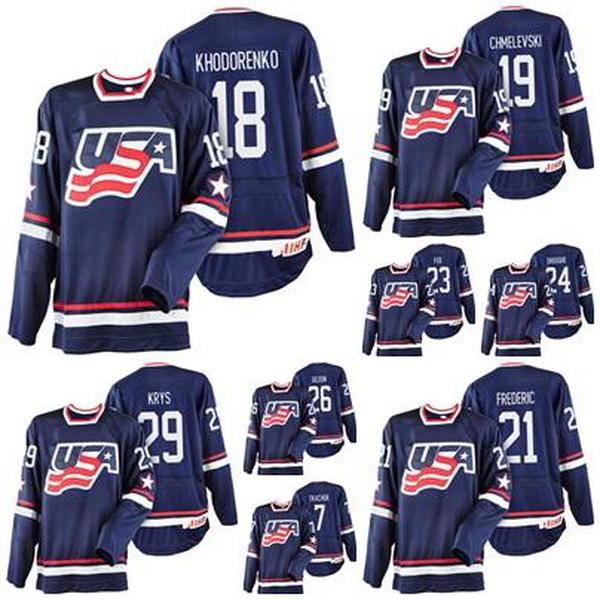 

USA Navy Blue 2017 WJSS Team Sasha Chmelevski Patrick Khodorenko Trent Frederic Max Gildon Sean Dhooghe Adam Fox Chad Krys Hockey Jerseys, Black;red