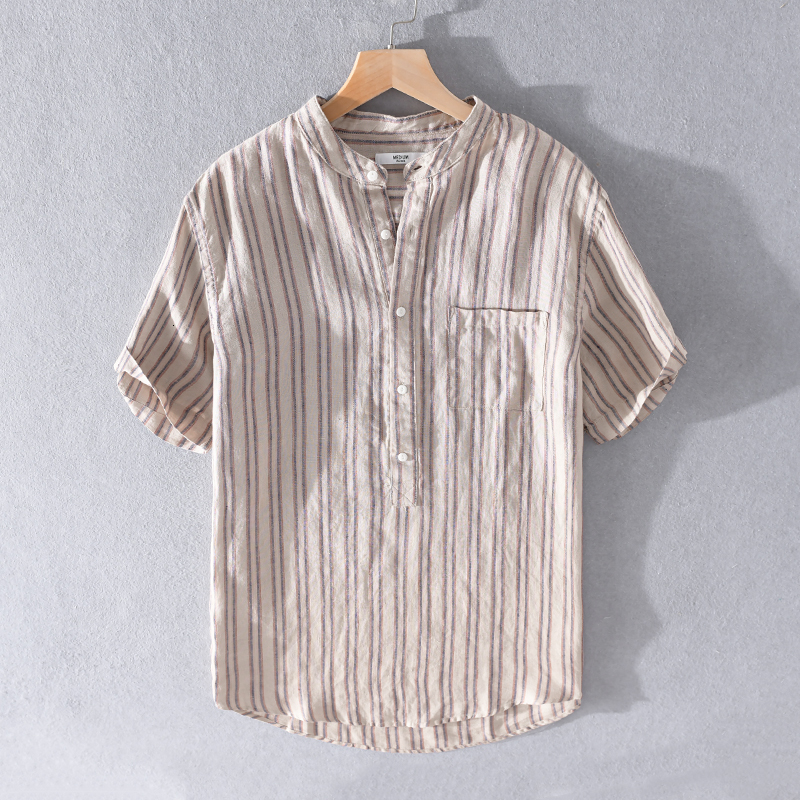 

2021 New 100% Linho De Vero Dos Marca Casuais Para Homens Gola Retro Listra Camisa Masculina Moda Respirvel Camisas Exuz, Gray blue stripe