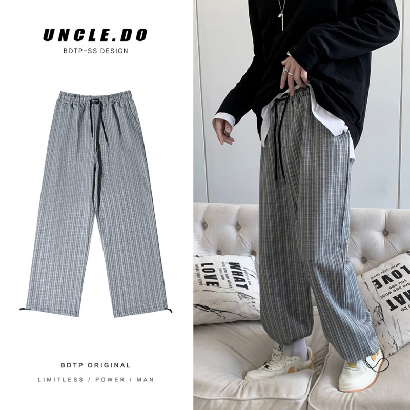 

2021 New Autumn Korean Plaid Men's Fashion Retro Casual Straight Pants Men Streetwear Loose Hip-hop Drawstring Trousers Mens M-2xl 9l84