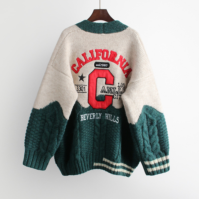 

Women Oversized Cardigans V Neck Letters Embroidery Casual Patchwork Loose Jumpers Thick Warm Spring Knit Jacket Coat, Hf19633 green