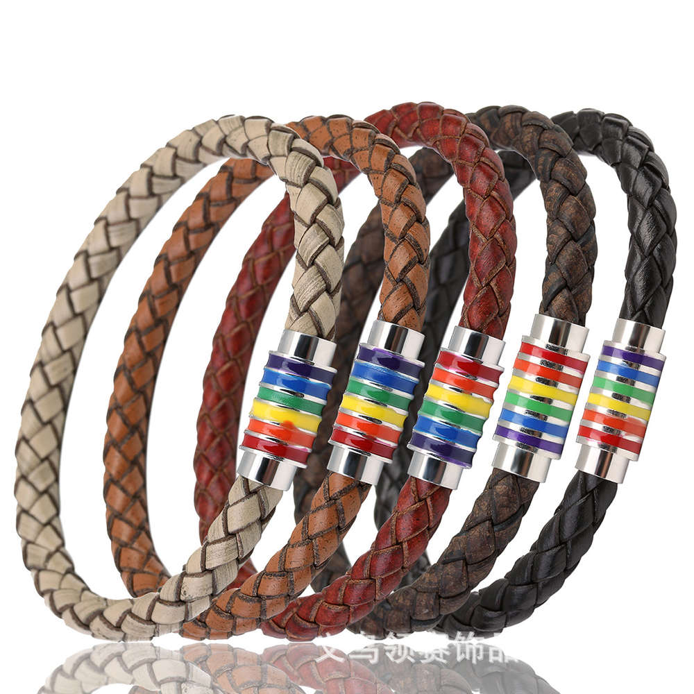 

bracelet Seven color rainbow oil dripping magnetic buckle leather rope bracelet, Golden;silver