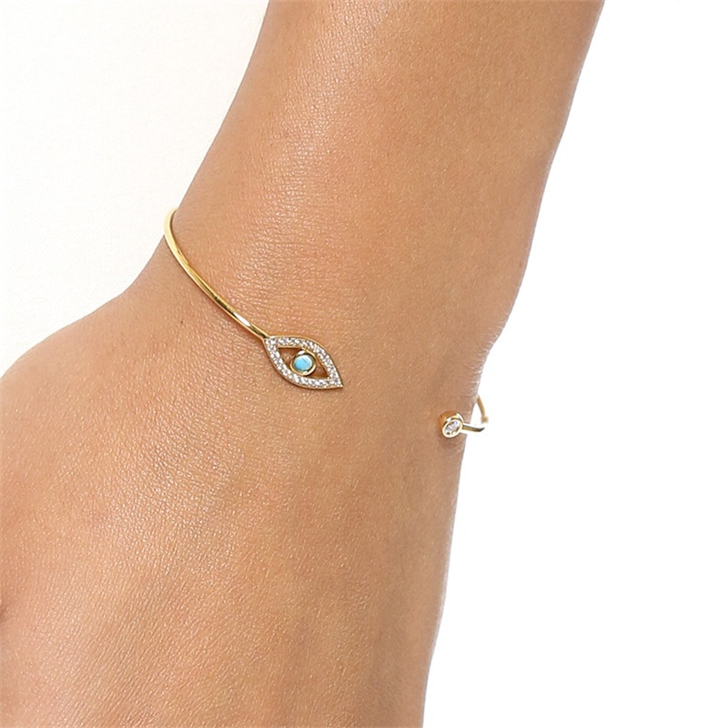 

Gold Color Round Shape Lucky Evil Eyes Turkish Hamsa Hand Open Bangle&Bracelet bezel blue stone cz women jewelry dropshipping 219 T2