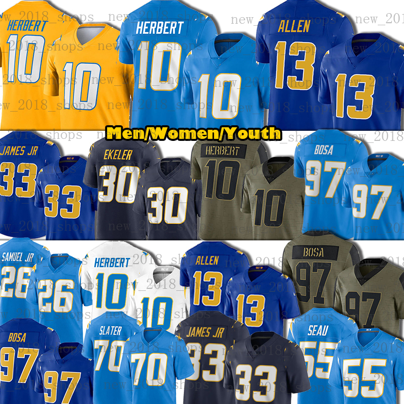 

10 Justin Herbert Austin Ekeler Football Jersey Keenan Allen Derwin James Joey Bosa Junior Seau Asante Samuel Jr Mike Williams Rashawn Slater LaDainian Tomlinson, Custom men jersey(s d)