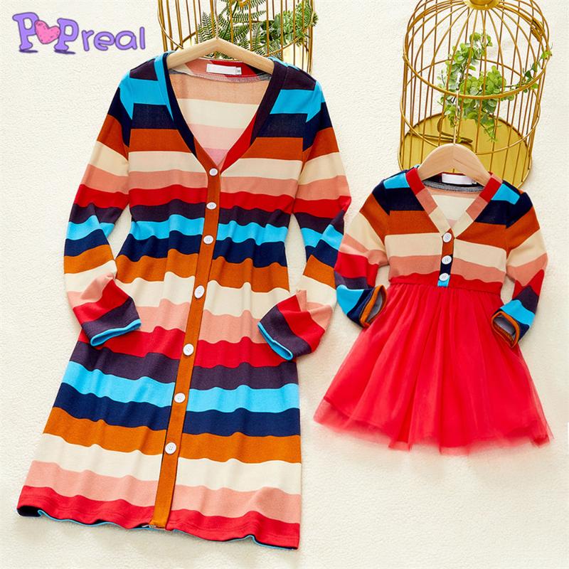 

Family Matching Outfits PopReal Autumn Fashion Solid Buttons Mesh Stitching Mom Daughter Dress Mother Kids Parent-Child Outfi, Blue