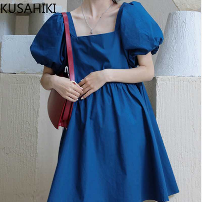 

KUSAHIKI Korean Chic Summer Sweet Dresses Puff Sleeve Square Collar Women Dress Causal High Waist A-line Vestido De Mujer 6J494 210602, Blue