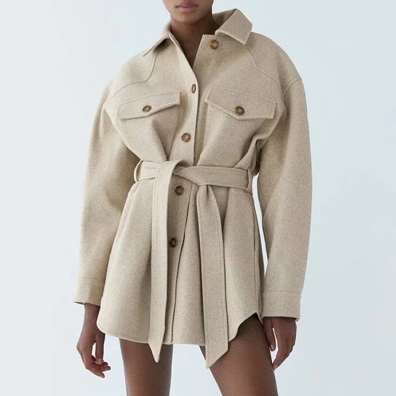 

Women Chic Wool Coats With Belt 2021 Solid Long Sleeve Pockets Shirt Jackets Outerwear Turn Down, Black