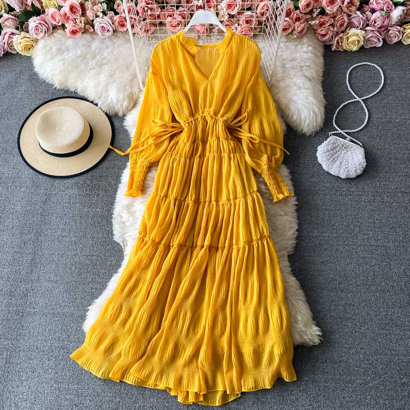 

Vintage Red/Orange/Beige Chiffon Dress Women Elegant V-Neck Lantern Long Sleeve High Waist Party Beach Vestido Female Spring New Y0603, Dark blue
