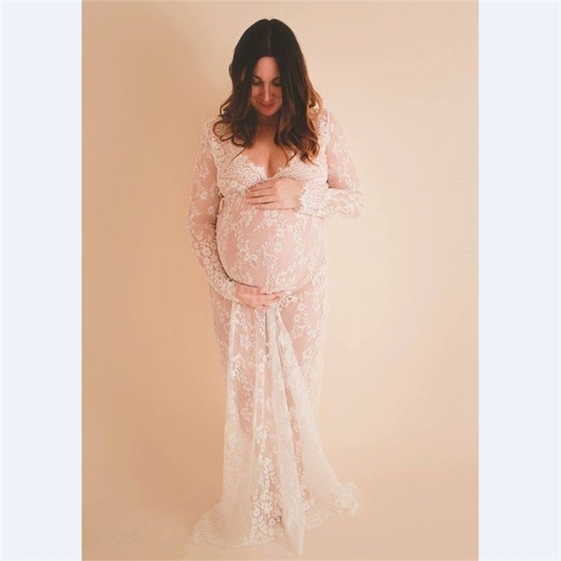 

Maternity pography props maxi Pregnancy Clothes Lace Dress Fancy shooting po summer pregnant dress -4XL 210721, White