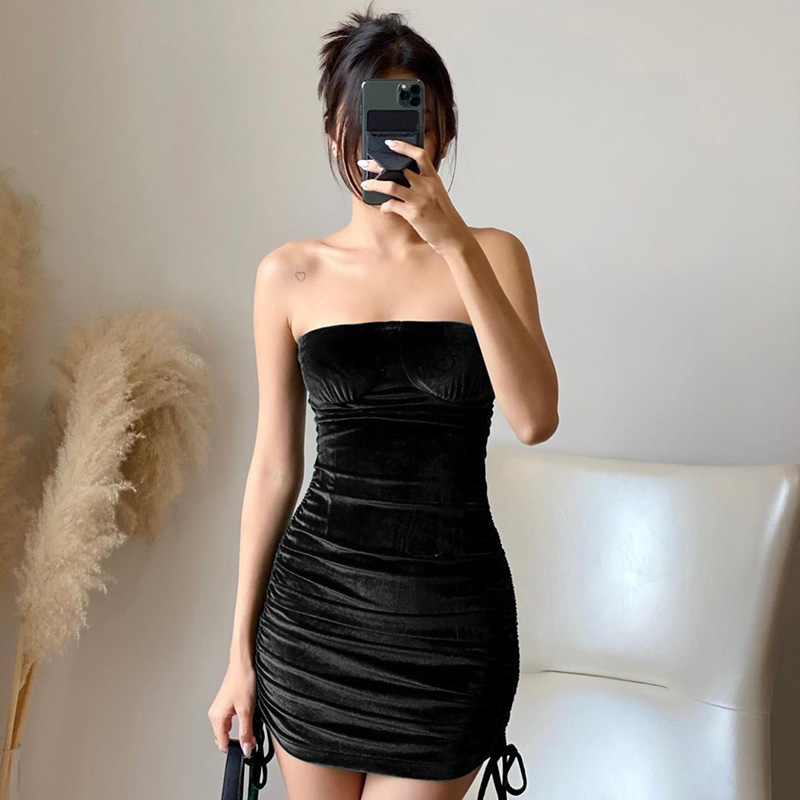 

Bodycon Velvet Mini Dress Women Off Shoulder Bandage Vintage Black Dress Casual Female Party Nightclub Dress, Black;gray