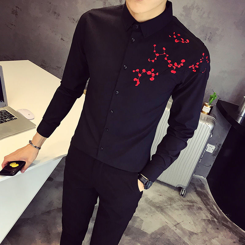 

2021 New Flower Embroidery Clothing Club Party Wedding Chemise Homme Camisa Masculina Men Shirt S-5xl R3f8, Black