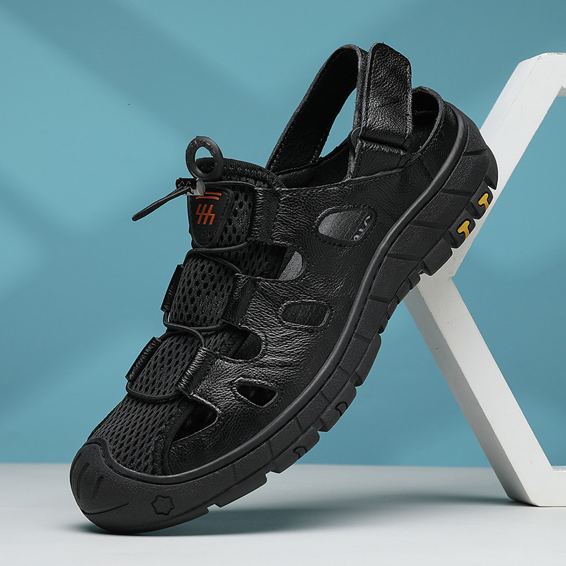 

Slippers Sandals men's summer breathable Baotou Dongdong beach shoes for casual soft leather thick soled YCMM, 1# shoe box