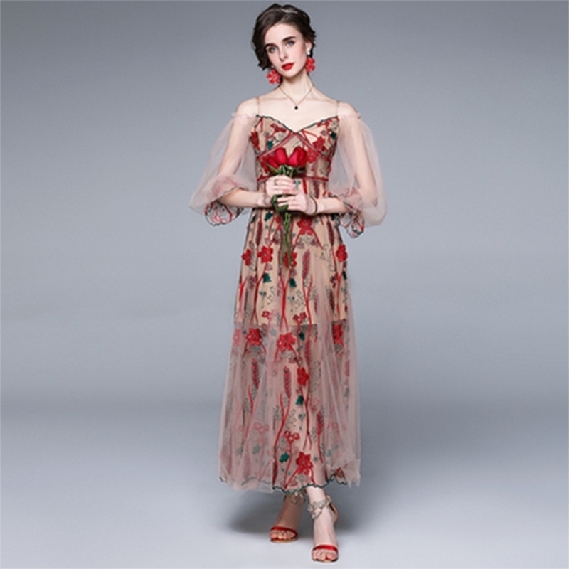 

Summer Bohemian V-neck Long Sleeve Mesh Ruffle Dress Women's Seaside Vacation Beach Oversized Floral Fairy Maxi 210603, Picture color