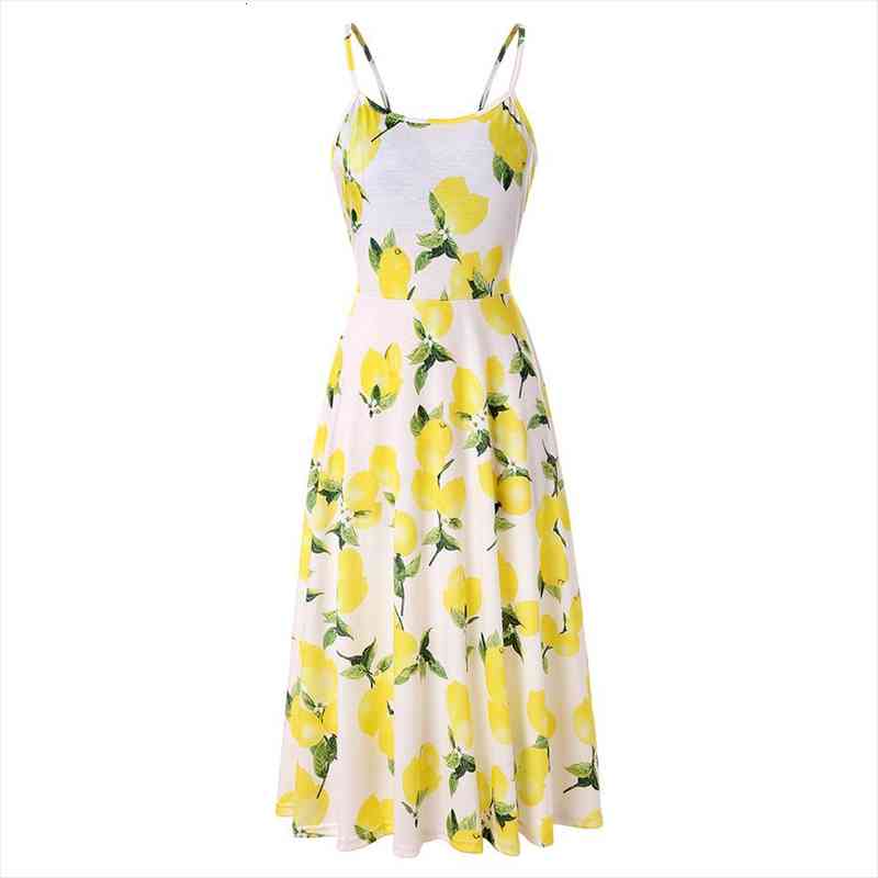 

summer pretty ladies lemon print loose halter dress casual floral women clothing, Black;gray