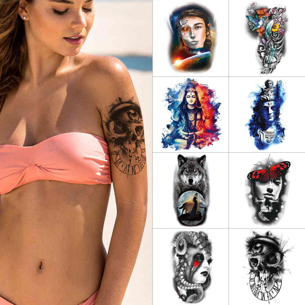 

Ink color temporary stickers Skull demon Buddha Waterproof arm s Snake wolf fox Body sticker tattoo for women
