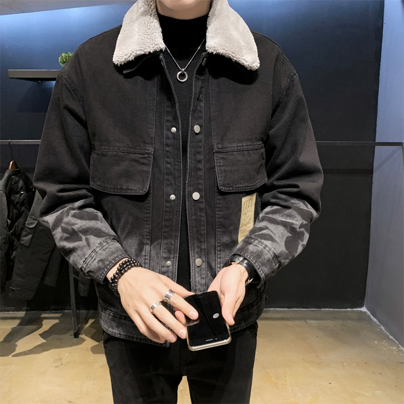 

2021 New Alta Qualidade Outono Inverno Grosso Quente Casual Denim Jaquetas Roupas Masculinas Turn Down Collar Moda Camuflagem Jeans Casacos, As the photo show