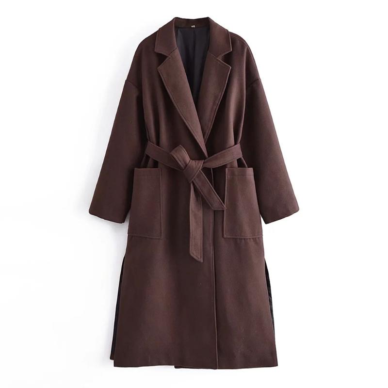 

Women' Wool & Blends BBWM 2021 Women Brown Long Sleeve Elegant Office Lady Coat Female Vintage Streetwear No Buttons Sashes Casual Fashion