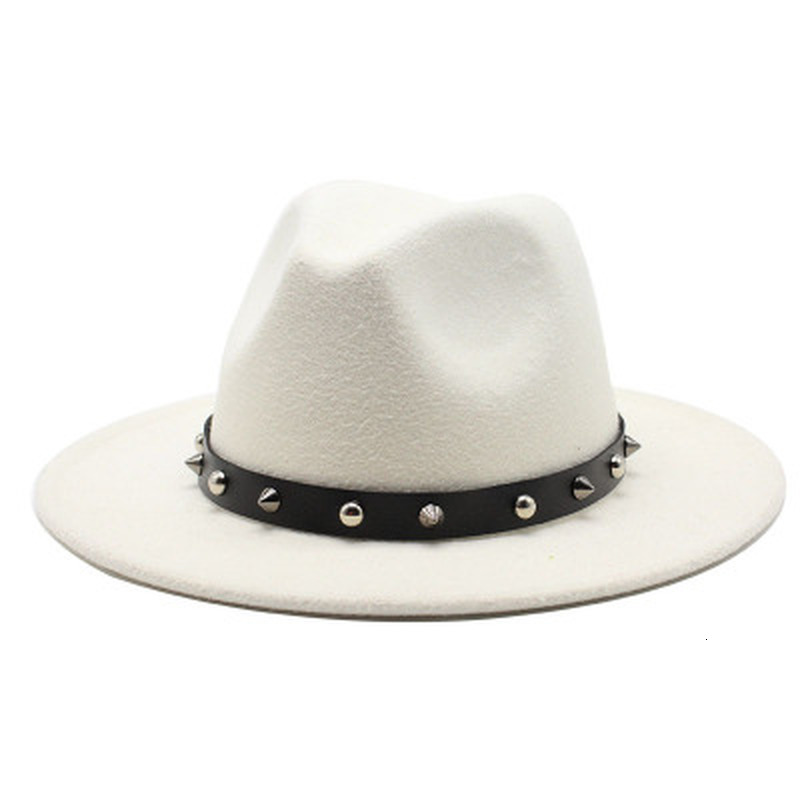 

2021 New Felt Winter Women's American Style Rivet Belt Buckle Gentlemen Jazz Hat White Red Wide Brim Cowboy Fedora Hats Ztej