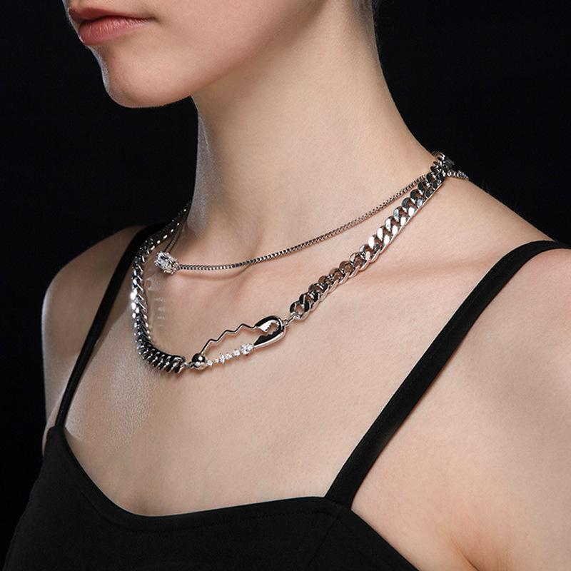 

Chokers Origin Summer Cool Chunky Curb Chain Necklace For Women Silver Color Double Layered Safety Pin Thin Choker Gifts