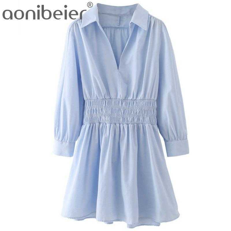 

ZA Summer Women Solid Dress Office Lady Turn Down Collar Long Sleeve Elegant Girls Waisted Causal Outfits 210604, Picture