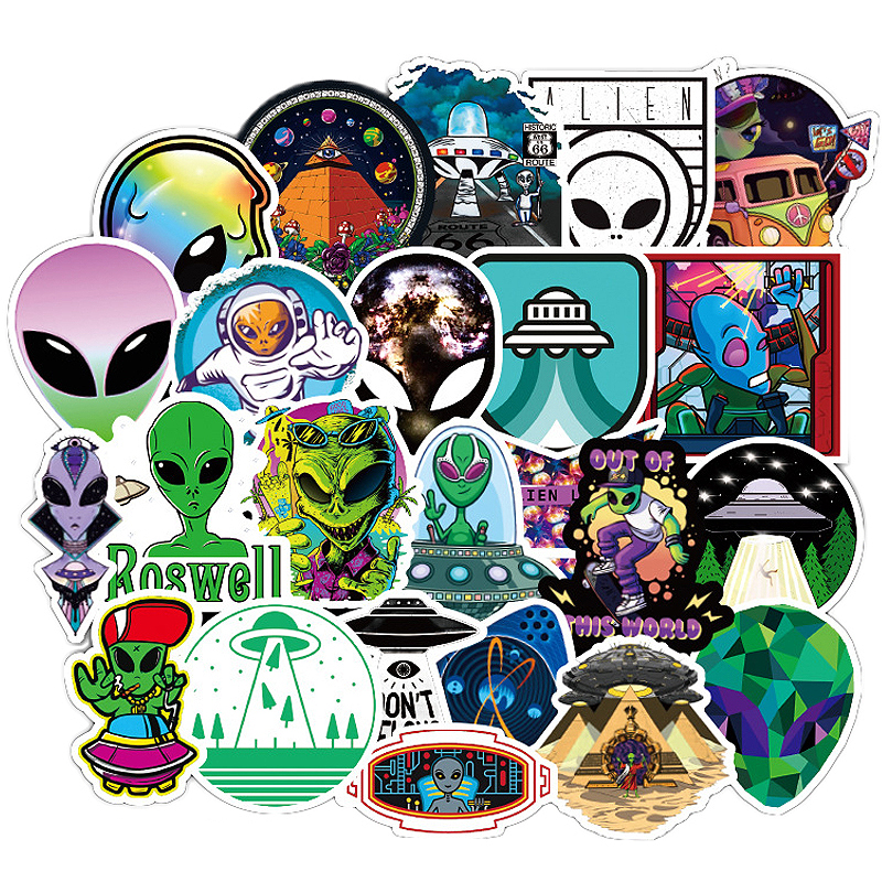 

50PCS/Lot UFO Alien Astronaut Rocket Waterproof Stickers for Laptop Skateboard Guitar Car Bike Motorcycle PS4 Phone Notebook Decal