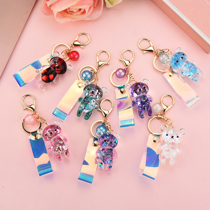 

Liquid Keyring Glitter Bear Quicksand Keyring Acrylic Key Fob Backpack Pendant Couples Women Men Boyfriend Friend Keychains Gift