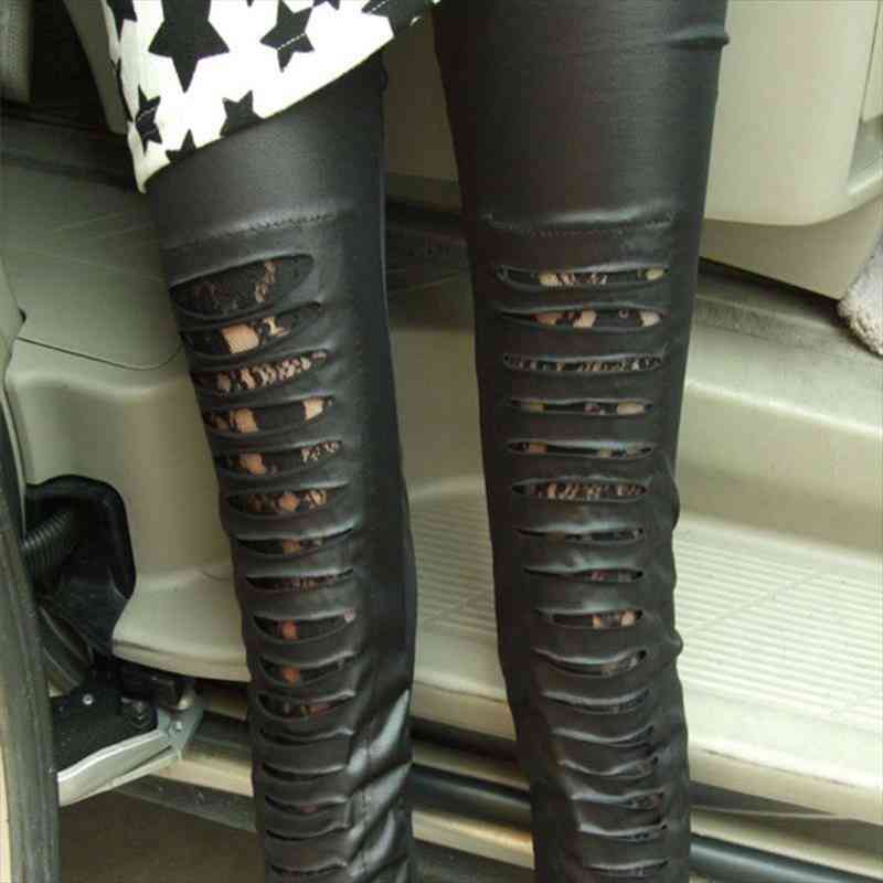 

fitness striped hole fake women legging leather pants ripped punk floral lace leggings stretched black street casual for