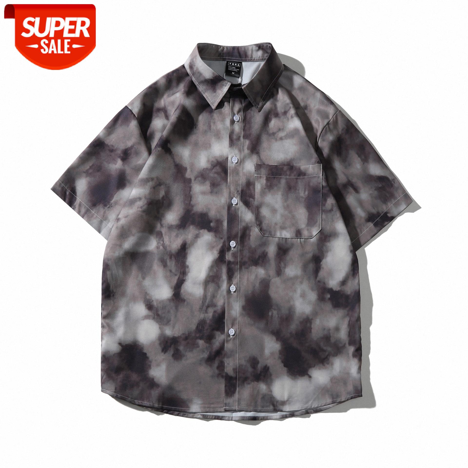 

Flower short shirt male tie-dye retro flow loose short-sleeved beach Weiyi casual camouflage half-sleeved #Y86r, White;black