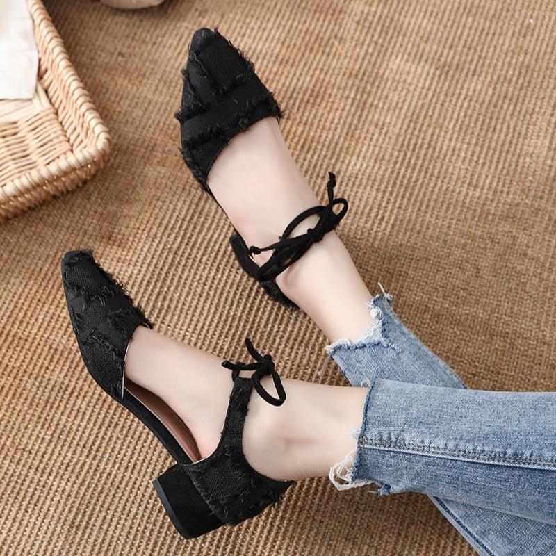 

2021 Women's Spring New Lace-up Women's Shoes Pointed Toe Square Heels Fashion Shallow Pump Med Heels Ladies Sexy Shoes, Beige